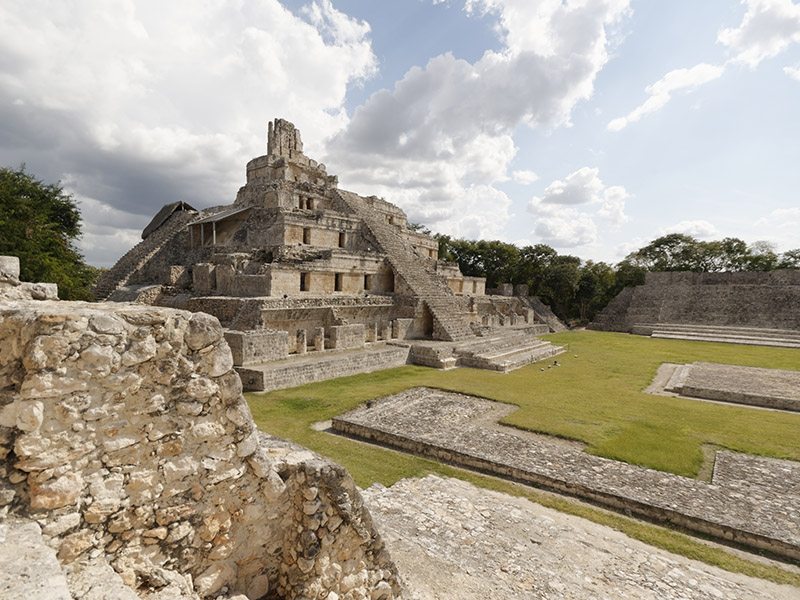 A beautiful shot of the Pyramids Mayan of Edzna in Campeche in Mexico on a cloudy day background